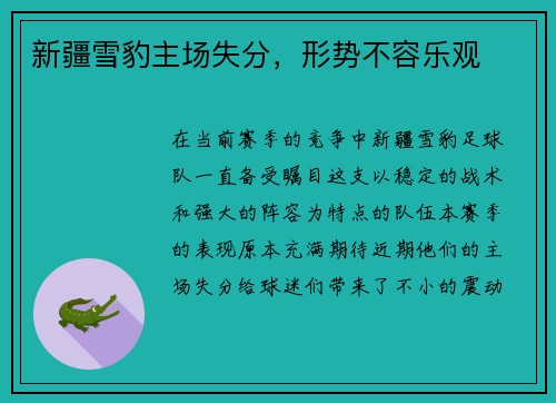 新疆雪豹主场失分，形势不容乐观