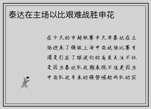 泰达在主场以比艰难战胜申花