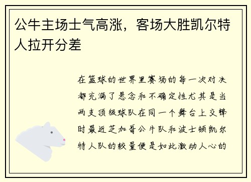 公牛主场士气高涨，客场大胜凯尔特人拉开分差