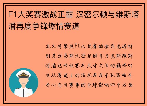 F1大奖赛激战正酣 汉密尔顿与维斯塔潘再度争锋燃情赛道