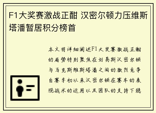 F1大奖赛激战正酣 汉密尔顿力压维斯塔潘暂居积分榜首